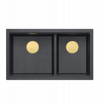 Zlewozmywak GraniteQ QUADRON | LOGAN 120 | granitowy zlewozmywak kuchenny PURE CARBON + ZŁOTO PVD | wymiar: 76 x 45 x 23,5 cm | 2-komorowy podwieszany | podbudowa szafki od: 80 cm | brak | 5905505509889