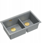Zlewozmywak GraniteQ QUADRON | LOGAN 120 | granitowy zlewozmywak kuchenny SILVER STONE + ZŁOTO PVD | wymiar: 76 x 45 x 23,5 cm | 2-komorowy podwieszany| podbudowa szafki od: 80 cm | brak | 5905505509827