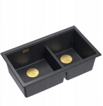 Zlewozmywak GraniteQ QUADRON | LOGAN 120 | granitowy zlewozmywak kuchenny BLACK DIAMOND + ZŁOTO PVD | wymiar: 76 x 45 x 23,5 cm | 2-komorowy podwieszany | podbudowa szafki od: 80 cm | brak | 5905505509940