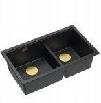 Zlewozmywak GraniteQ QUADRON | LOGAN 120 | granitowy zlewozmywak kuchenny PURE CARBON + ZŁOTY PVD | wymiar: 76 x 45 x 23,5 cm | 2-komorowy wpuszczany | podbudowa szafki od: 80 cm | brak | 5905505509858