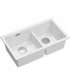 Zlewozmywak GraniteQ QUADRON | LOGAN 120 | granitowy zlewozmywak kuchenny SNOW WHITE + STAL | wymiar: 76 x 45 x 23,5 cm | 2-komorowy podwieszany | podbudowa szafki od: 80 cm | brak | 5905505509773