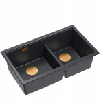Zlewozmywak GraniteQ QUADRON | LOGAN 120 | granitowy zlewozmywak kuchenny BLACK DIAMOND + MIEDŹ PVD | wymiar: 76 x 45 x 23,5 cm | 2-komorowy wpuszczany | podbudowa szafki od: 80 cm | brak | 5905505509933