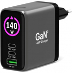 PORT CONNECT GaN2 s&iacute;ťov&aacute; nab&iacute;ječka pro 2&times;USB-C PD 3.1 a USB-A QC 3.0, 140W, OLED displej, čern&aacute; | 902140PEU | 3567042031685