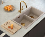 Zlewozmywak GraniteQ QUADRON | LOGAN 120 | granitowy zlewozmywak kuchenny SOFT TAUPE + MIEDŹ PVD | wymiar: 76 x 45 x 23,5 cm | 2-komorowy wpuszczany | podbudowa szafki od: 80 cm | brak | 5905505509698