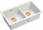 Zlewozmywak GraniteQ QUADRON | LOGAN 120 | granitowy zlewozmywak kuchenny SNOW WHITE + MIEDŹ PVD | wymiar: 76 x 45 x 23,5 cm | 2-komorowy podwieszany | podbudowa szafki od: 80 cm | brak | 5905505509780