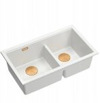 Zlewozmywak GraniteQ QUADRON | LOGAN 120 | granitowy zlewozmywak kuchenny SNOW WHITE + MIEDŹ PVD | wymiar: 76 x 45 x 23,5 cm | 2-komorowy wpuszczany | podbudowa szafki od: 80 cm | brak | 5905505509759
