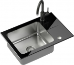 Zlewozmywak Steiner Hugh 116 komora stalowa z czarnym blatem szklanym + bateria | ST3564SC1BS-BW7059CZP | 5903242533921