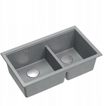 Zlewozmywak GraniteQ QUADRON | LOGAN 120 | granitowy zlewozmywak kuchenny SILVER STONE + STAL | wymiar: 76 x 45 x 23,5 cm | 2-komorowy podwieszany| podbudowa szafki od: 80 cm | brak | 5905505509834