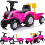 Braucamais stūmējtraktors ar piekabi New Holland rozā krāsā