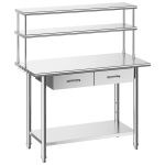 Nerūdijančio plieno darbo stalas 61x122 cm su vir&scaron;utinėmis lentynomis ir 2 stalčiais, komercinėms virtuvėms