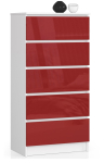 Kummut K60, 5 sahtlit, valge/punane, 60 &times; 121 &times; 40 cm