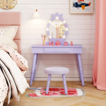 Laste m&ouml;&ouml;blikomplekt, laud, taburet ja LED-peegel, Lilla, 70 &times; 99 &times; 34 cm