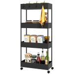 Ratastega riiulik&auml;rud Aosom, 4 riiulit, 4 konksu, Must, 40 &times; 90 &times; 19 cm