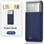 V&otilde;imsuspank LIVMAN RPP-5 - kiire laadimisega kaasaskantav aku - kahe v&auml;ljundiga toitepank, 10000mAh, 22,5W, sinine
