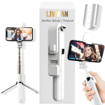 Selfie-pulk (&bdquo;Selfie stick&rdquo;) LIVMAN L03s &ndash; mitmefunktsionaalne selfie-nupp ja statiiv kaugjuhtimispuldi ning LED-valgustusega, 84 cm, valge