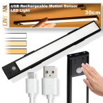 Juhtmeta seinale kinnitatav LED-lamp LIVMAN BH-K32 koos liikumisanduriga - sensoorvalgustus, 30 cm, 3 W, USB-laetav, 3 valgustusv&auml;rvi režiimi, must