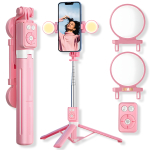 Selfie-pulk (Selfie stick) LIVMAN B12S - mitmek&uuml;lgne selfie-nipp ja statiiv koos kaugjuhtimispuldi ning LED-valgustusega, 1,1 m, roosa