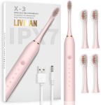 Suure j&otilde;udlusega elektriline hambahari LIVMAN X-3, 6 puhastusrežiimi, USB-laadimine ja 4 hambaharja otsikut, 1,5W, 500mAh, roosa
