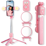 Selfikepp ("Selfie stick") LIVMAN B12S - mitmek&uuml;lgne selfikepp ja statiiv koos kaugjuhtimispuldi ja LED-valgustusega, 1,1 m, roosa