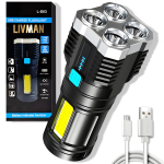 USB-laetav LED-taskulamp LIVMAN L-S03, eriti eredate OSL- ja COB-LED-idega ning 4 valgustusrežiimiga, 1200mAh, must