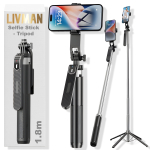 Selfikepp (&bdquo;Selfie stick&ldquo;) LIVMAN P180 - mitmek&uuml;lgne selfikepp ja statiiv koos kaugjuhtimispuldiga, 1,8 m, must