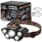 USB-laetav LED pealamp LIVMAN L-T21 suure efektiivsusega 5 LED-iga, 4 valgustusrežiimiga ja 180&deg; reguleeritava kiirenurgaga, 800 mAh, 10 W, 300 luumenit, must