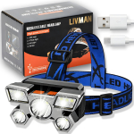 USB-laetav LED otsmikulamp LIVMAN L-T10 LED suure efektiivsusega 5 LED-iga, 4 valgustusrežiimiga ja 90&deg; reguleeritava kiirenurgaga, 300 mAh, 300 luumenit, must