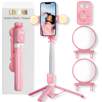 Selfi-t&otilde;mmits (&bdquo;Selfie stick&ldquo;) LIVMAN B12S &ndash; mitmek&uuml;lgne selfi-pulk ja statiiv kaugjuhtimispuldi ning LED-valgustusega, 1,1 m, roosa