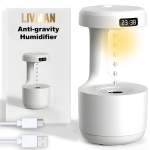 USB-toitega &otilde;huniisutaja LIVMAN LZ599 antigravitatsiooniliste veepiiskade efektiga, LED-kell ja sooja valgusega &ouml;&ouml;lamp, ning 600 ml veepaak, valge
