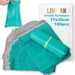 Pol&uuml;et&uuml;leenist plastist isekleepuvad kulleri &uuml;mbrikukotid LIVMAN HY-12, 17x30 cm, 100 tk pakendis, roheline &ndash; t&uuml;rkiissinine