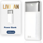 Power bank LIVMAN RPP-5 &ndash; kiirlaadimisega kaasaskantav aku &ndash; 2 v&auml;ljundiga toitepank, 10000 mAh, 22,5 W, valge