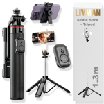 Selfipulk (Selfie stick) LIVMAN C13d &ndash; mitmek&uuml;lgne selfipulk ja statiiv koos kaugjuhtimispuldi ja LED-valgustusega, 1,3 m, must