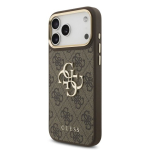Guess PU Nahast 4G Metal Logo Kuldne Raam Kaitseklaas iPhone 18 Pro Max jaoks Pruun