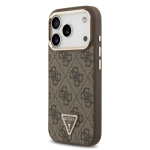 Guess PU Nahast 4G Strass Kolmnurk Logo Kuldne Raam MagSafe Kaitseklaas iPhone 18 Pro jaoks Pruun