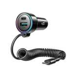 Joyroom JR-CL07 Autolaadija 3-in-1, C+U koos Type-C spiraalkaabliga 1.6m, 72W / must