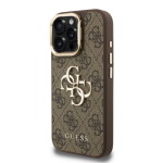 Guess PU 4G Metal Logo Stand Camera Frame Case iPhone 15 Pro jaoks / Brown