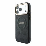 Guess PU Nahast 4G Kuldne Raam Reljeefne MagSafe Kaitseklaas iPhone 18 Pro Max jaoks / Must