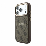 Guess PU Nahast 4G Kuldne Raam Reljeefne MagSafe Kaitseklaas iPhone 18 Pro Max jaoks Pruun
