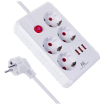 Maclean 4-pistikuline pikendusjuhe 3xUSB-ga, 110-240V AC 50/60Hz, maks. 2.1A 2500W, 3m, valge, MCE393 W