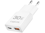 Logilink GaN adapter 30W 1xUSB-C 1xUSB-A, valge