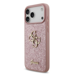 Guess PU fikseeritud h&otilde;bedase l&auml;ikega 4G metallise logoga &uuml;mbris iPhone 18 Pro Max jaoks / Roosa