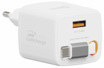 Swissten SlideCHARGE Power Laadija GaN 30W USB-A 18W V&auml;ljutatava USB-C kaabliga 0.75m valge