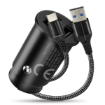 Autolaaduja 2 X USB 12W Must + USB-C Kaabel 1m