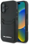 Karl Lagerfeld Grained PU Cardslot Metal Elong telefoni&uuml;mbris iPhone 16 jaoks, must
