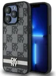 DKNY Leather Checkered Mono Pattern & Printed Stripes iPhone 15 Pro Case - Black