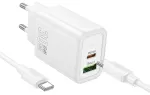 Telefonialaadija Hoco USB A + USB C QC3.0 PD 3A 30W + kaabel USB C kuni USB C N63 valge