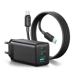 Joyroom JR-TG10 reisilaadija | 65W | GaN | USB-C, USB-A | USB-C kuni USB-C kaabliga komplektis | must