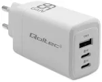 Qoltec GaN reisilaadija | 65W | PD, QC, GaN | USB-C, USB-A | valge