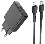 HOCO N37 reisilaadija | 20W | PD, QC | USB-C | USB-C kuni Lightning kaabliga komplektis | must