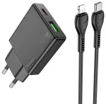 HOCO N38 reisilaadija | 20W | PD, QC | USB-C, USB-A | USB-C kuni Lightning kaabliga komplektis | must